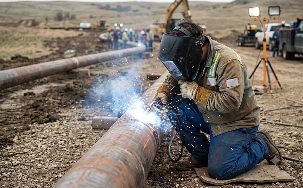 a welder works on a oil and gas pipeline